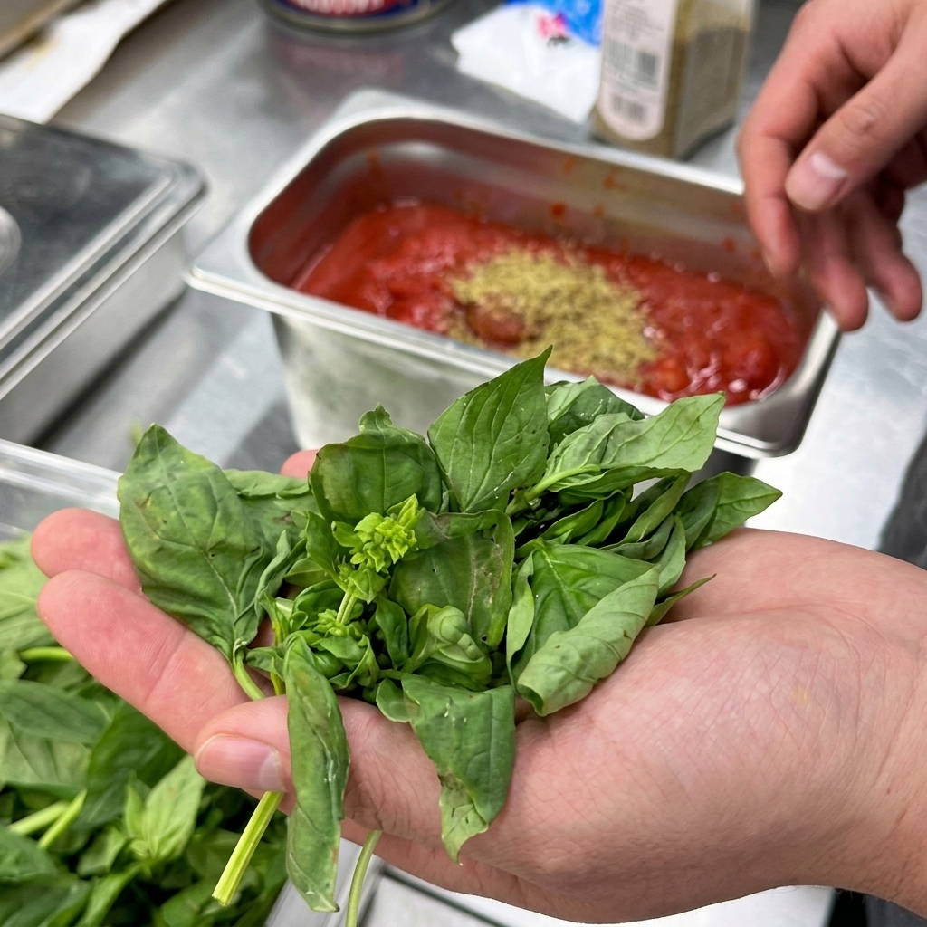 Fresh green basil leaves being placed into a container of seasoned tomato sauce.