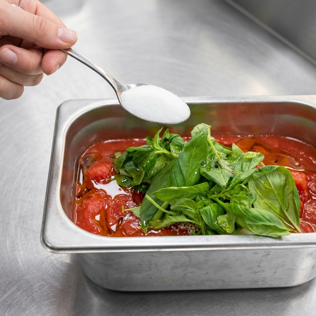 A spoonful of white sugar being added to a container of tomato sauce.