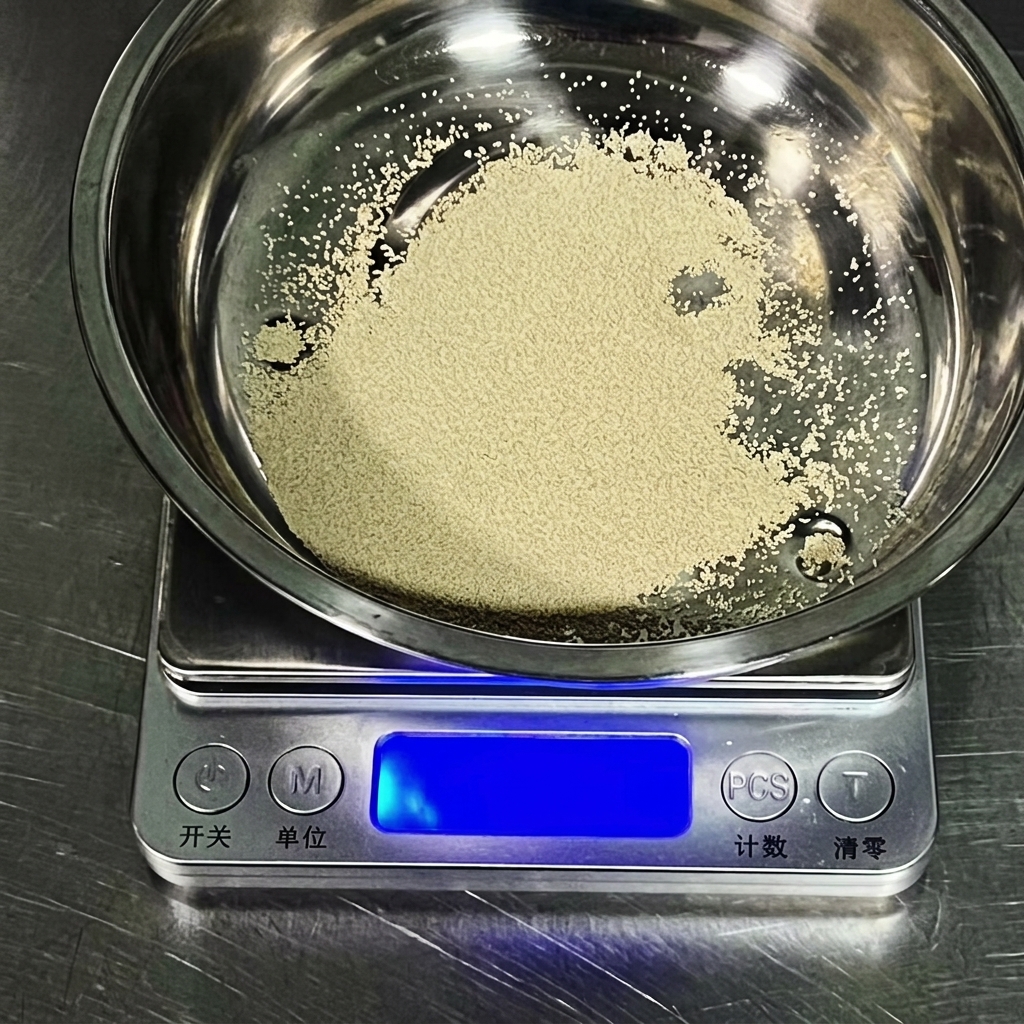 Granules of dry yeast being weighed in a small stainless steel dish on a digital scale.