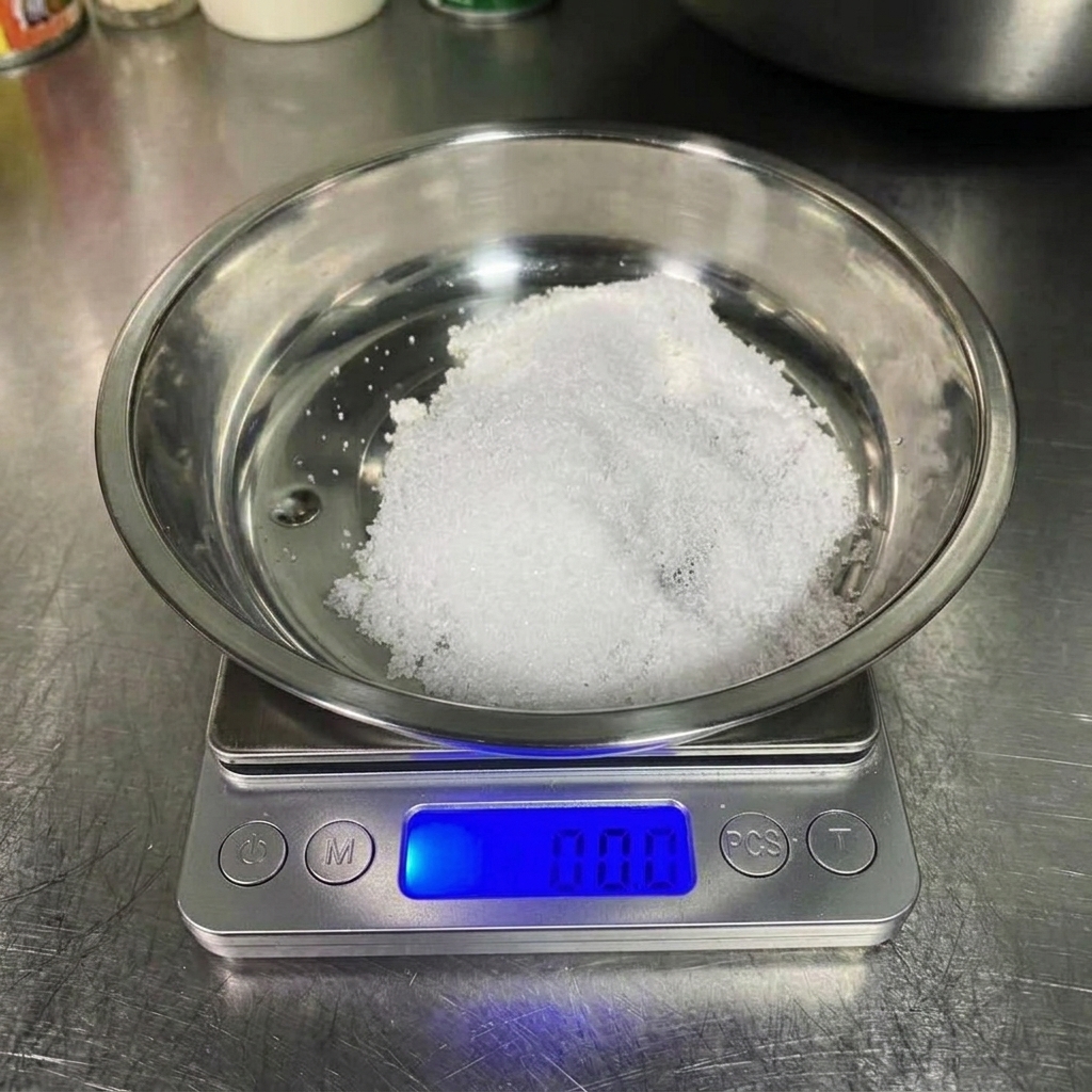 A small mound of white sea salt in a small metal dish on a digital scale.