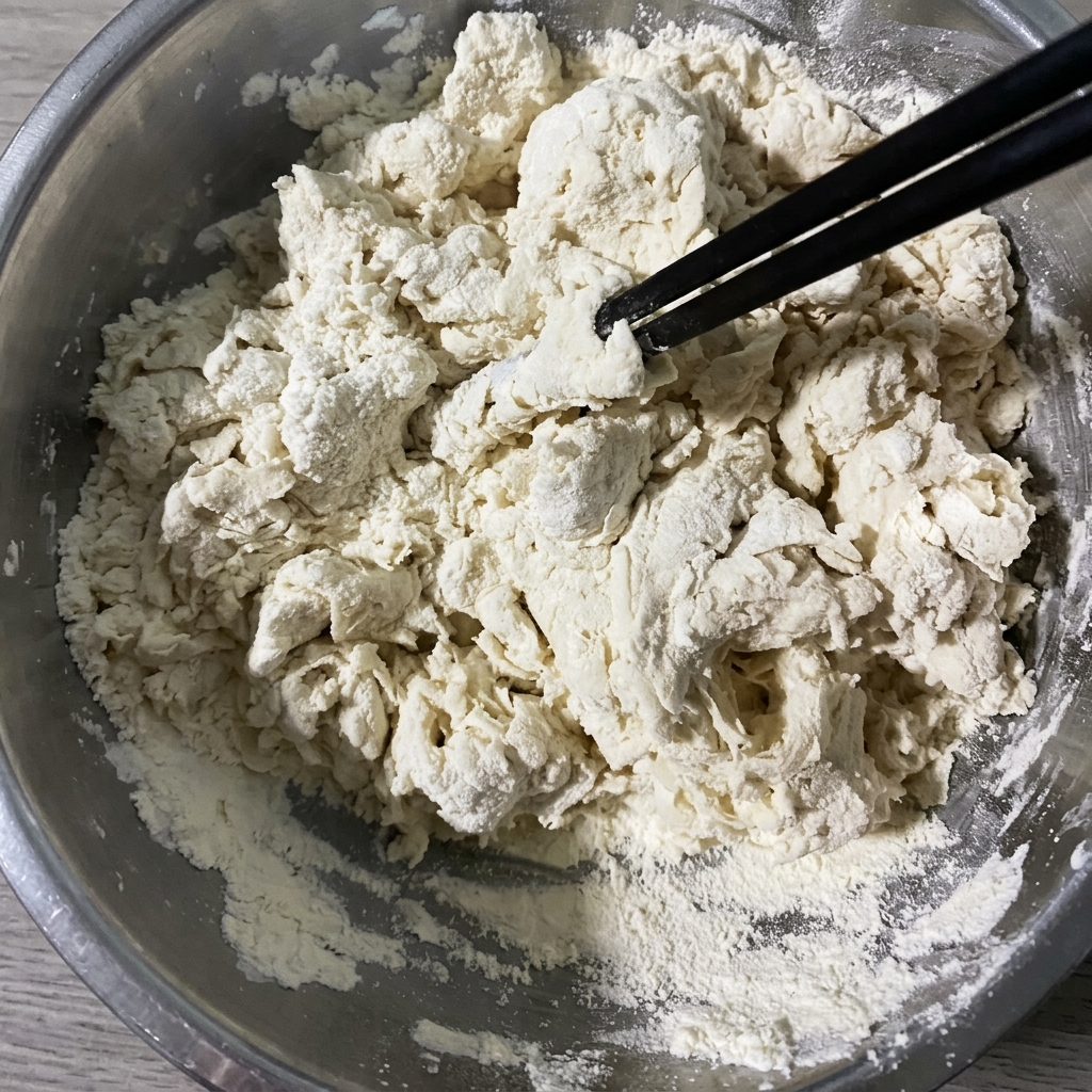 Chopsticks mixing flour and water together to form a rough, shaggy mass of dough in a large metal bowl.