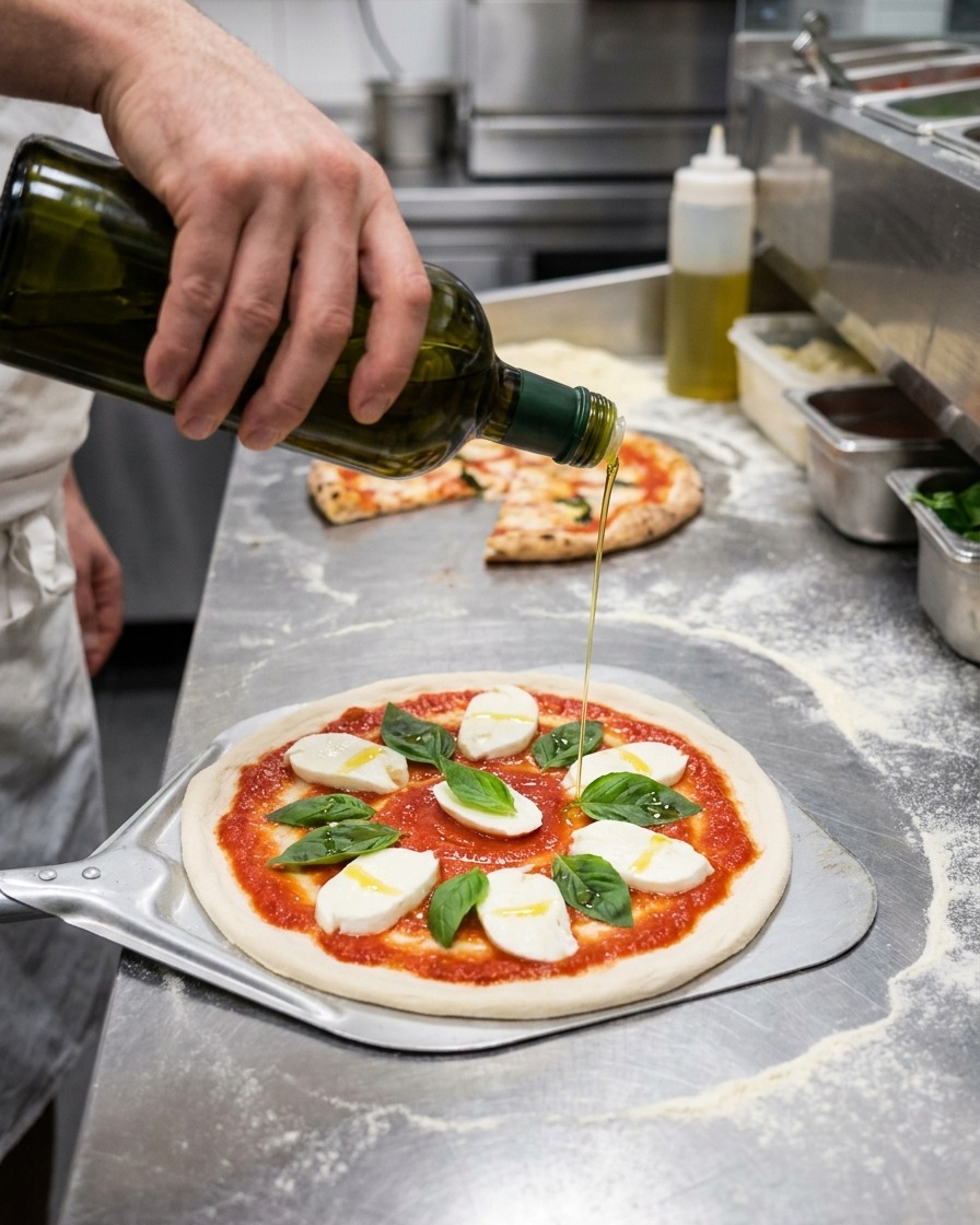 A close-up shot of golden olive oil being drizzled over a raw, topped Margherita pizza on a metal peel.