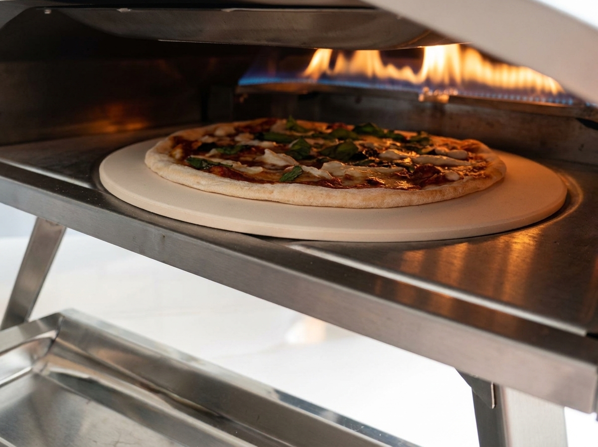 A pizza being placed into a blazing hot gas-powered oven with vibrant orange flames visible at the back.