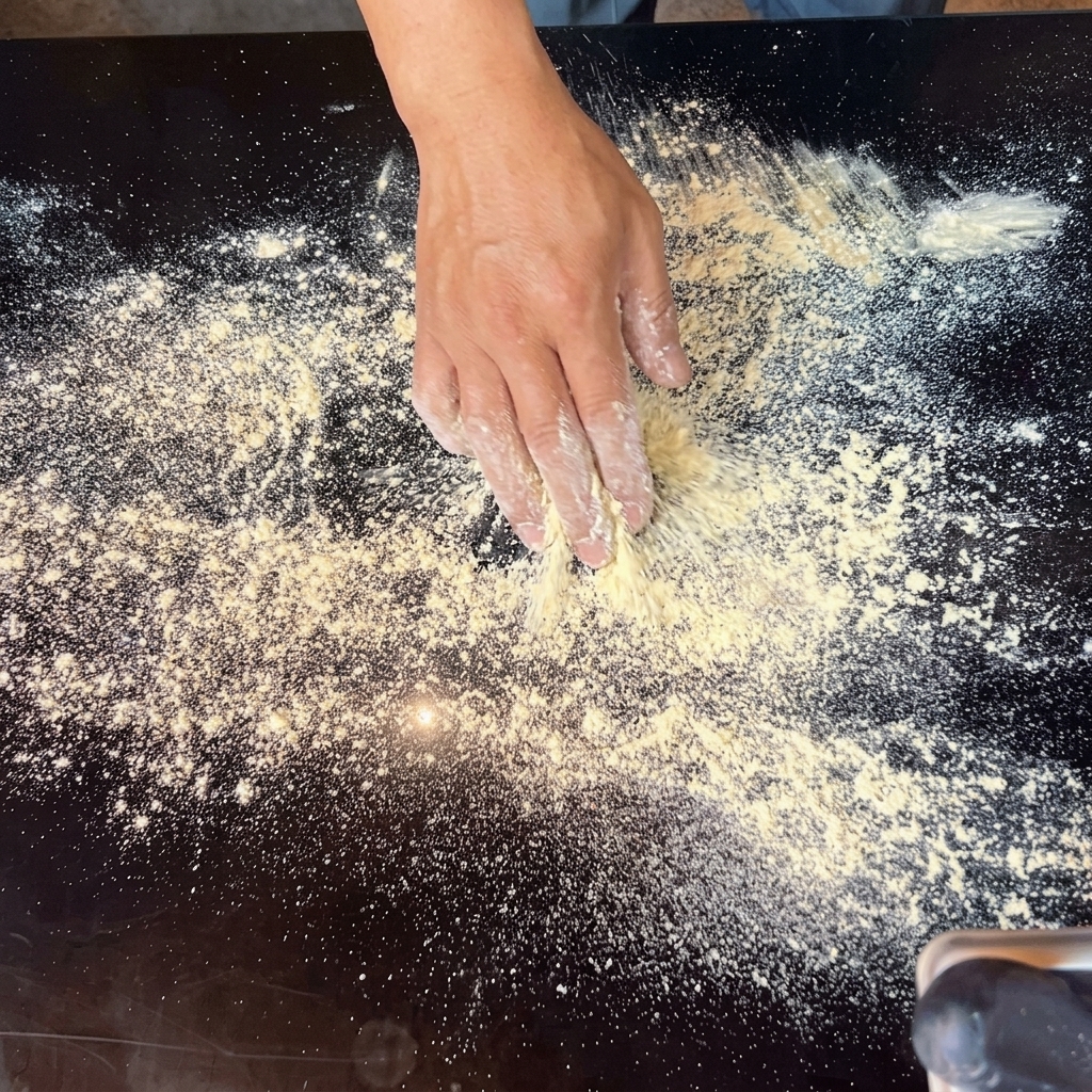 Hands stretching a raw pizza dough ball into a flat round shape on a floured surface.