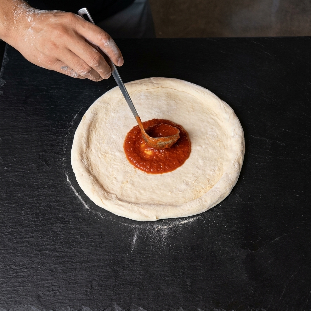 Spoon spreading red tomato pizza sauce onto the stretched raw pizza dough.