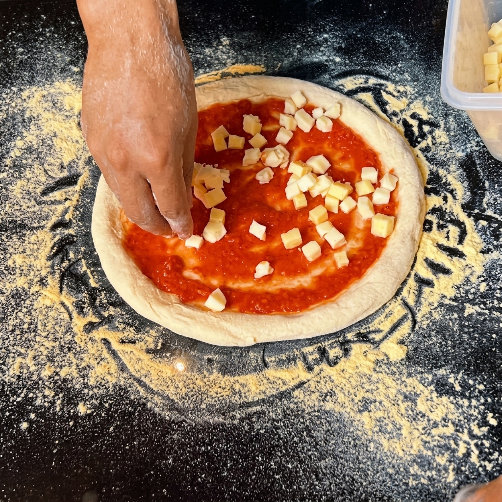 Small cubes of mozzarella cheese being sprinkled over the tomato sauce layer of the pizza.