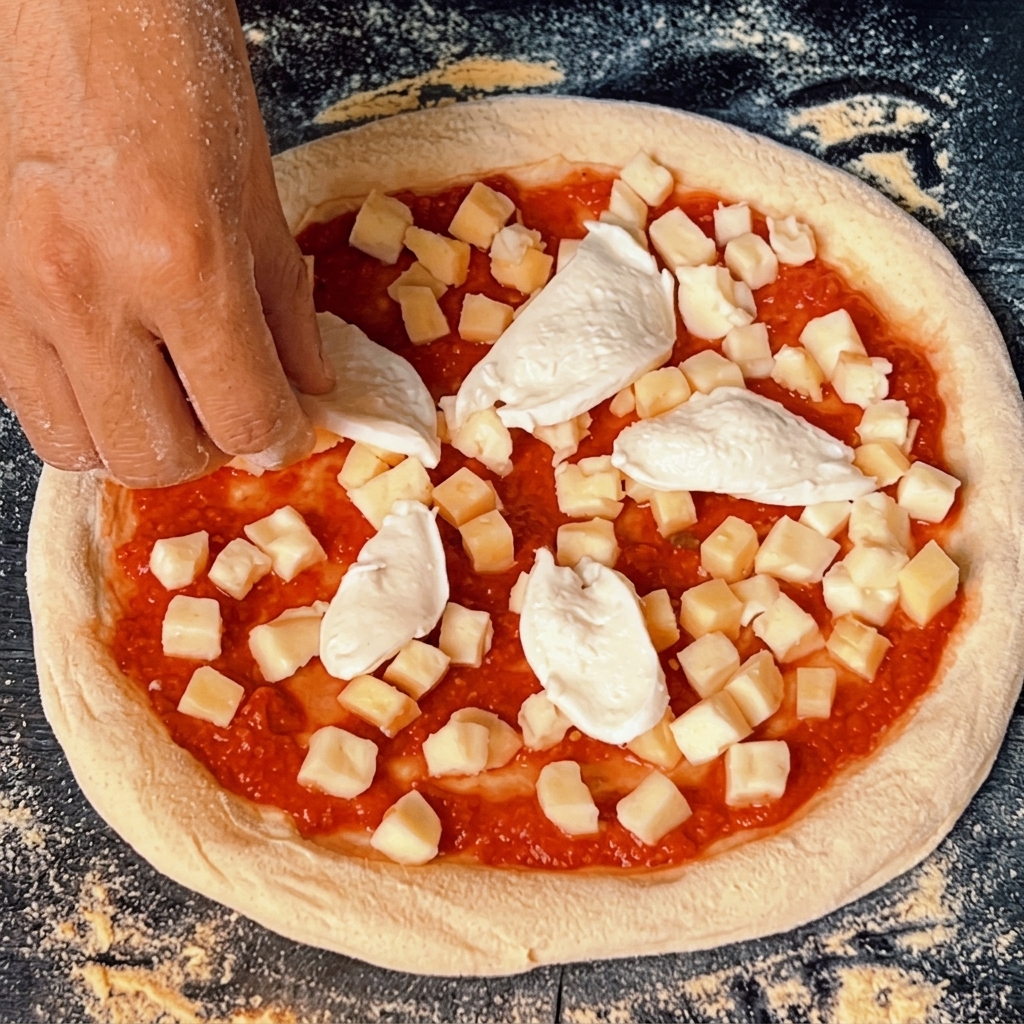 Buffalo mozzarella pieces and fresh green basil leaves being placed onto the pizza toppings.