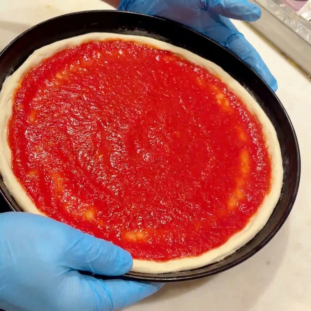 Vibrant red tomato sauce being spread evenly over the surface of the raw pizza dough.
