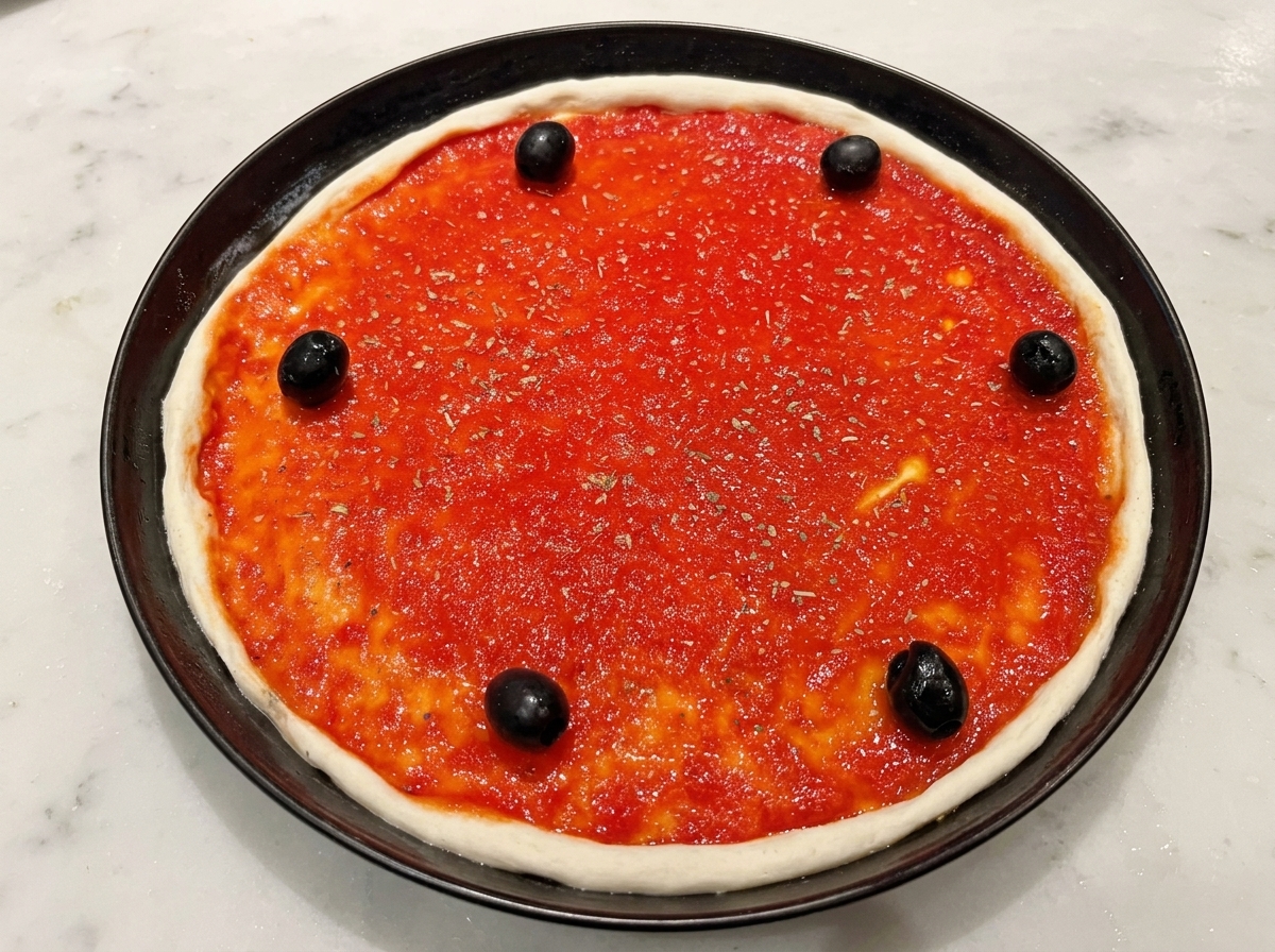 Black olives placed on top of tomato sauce, with a light drizzle of oil.
