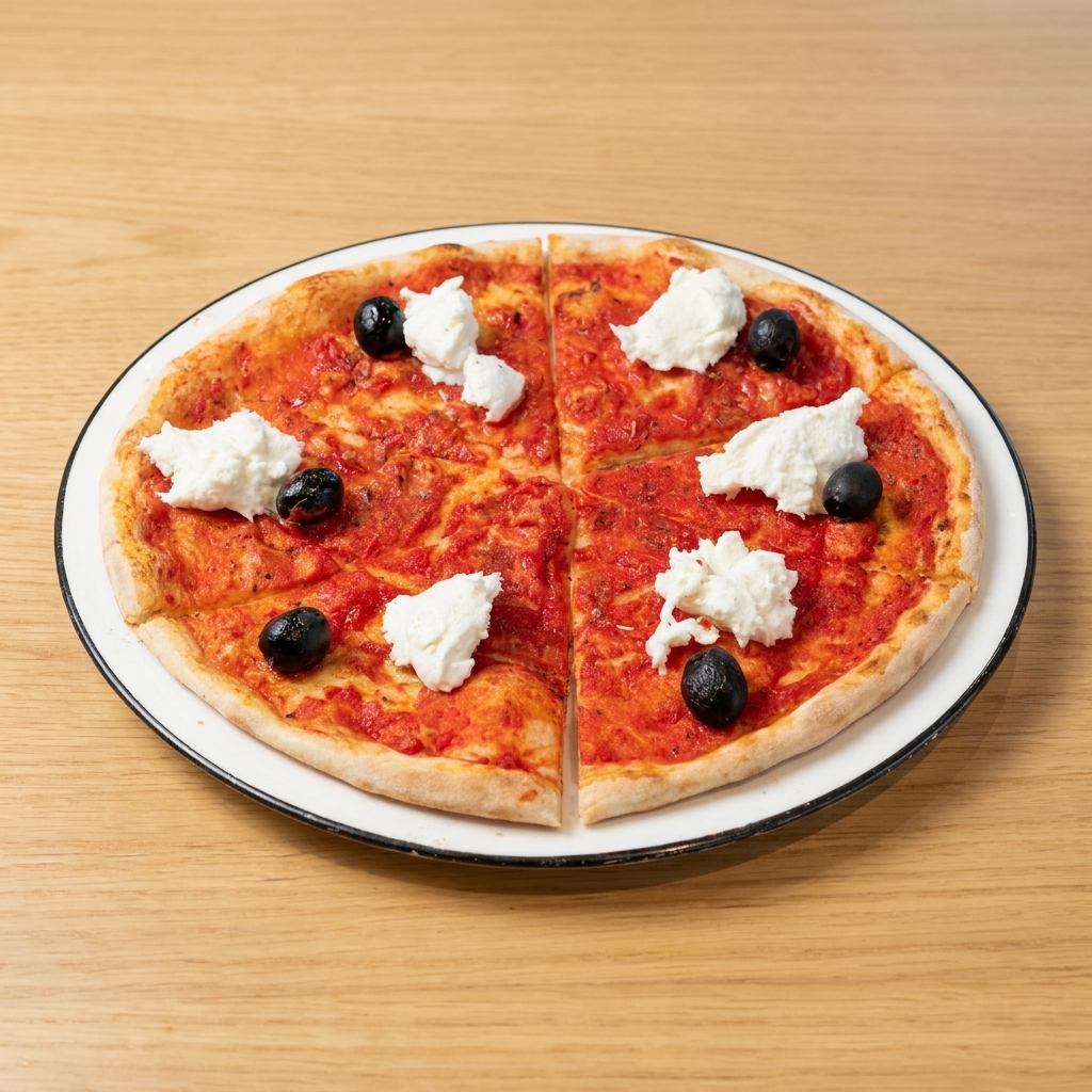 A freshly baked pizza topped with rich red tomato sauce, black olives, and fresh chunks of white buffalo mozzarella.