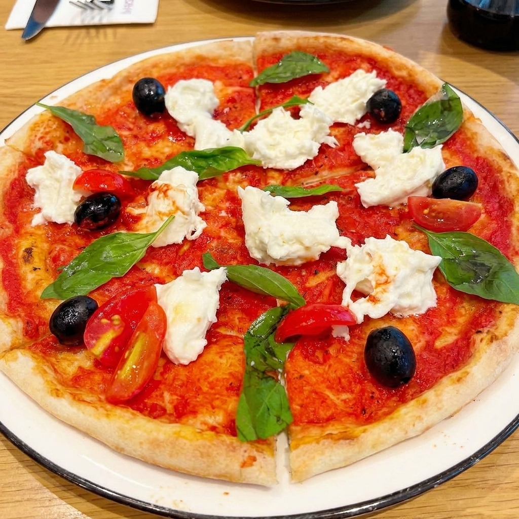 A baked pizza garnished with chunks of fresh mozzarella, green basil leaves, black olives, and sliced cherry tomatoes.