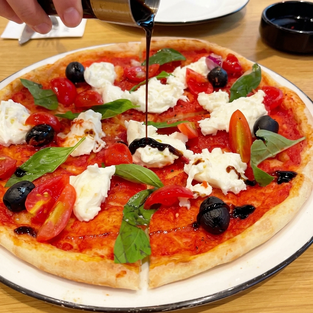 Dark balsamic glaze being drizzled from a metal pourer over a hot pizza topped with fresh mozzarella, basil, and cherry tomatoes.