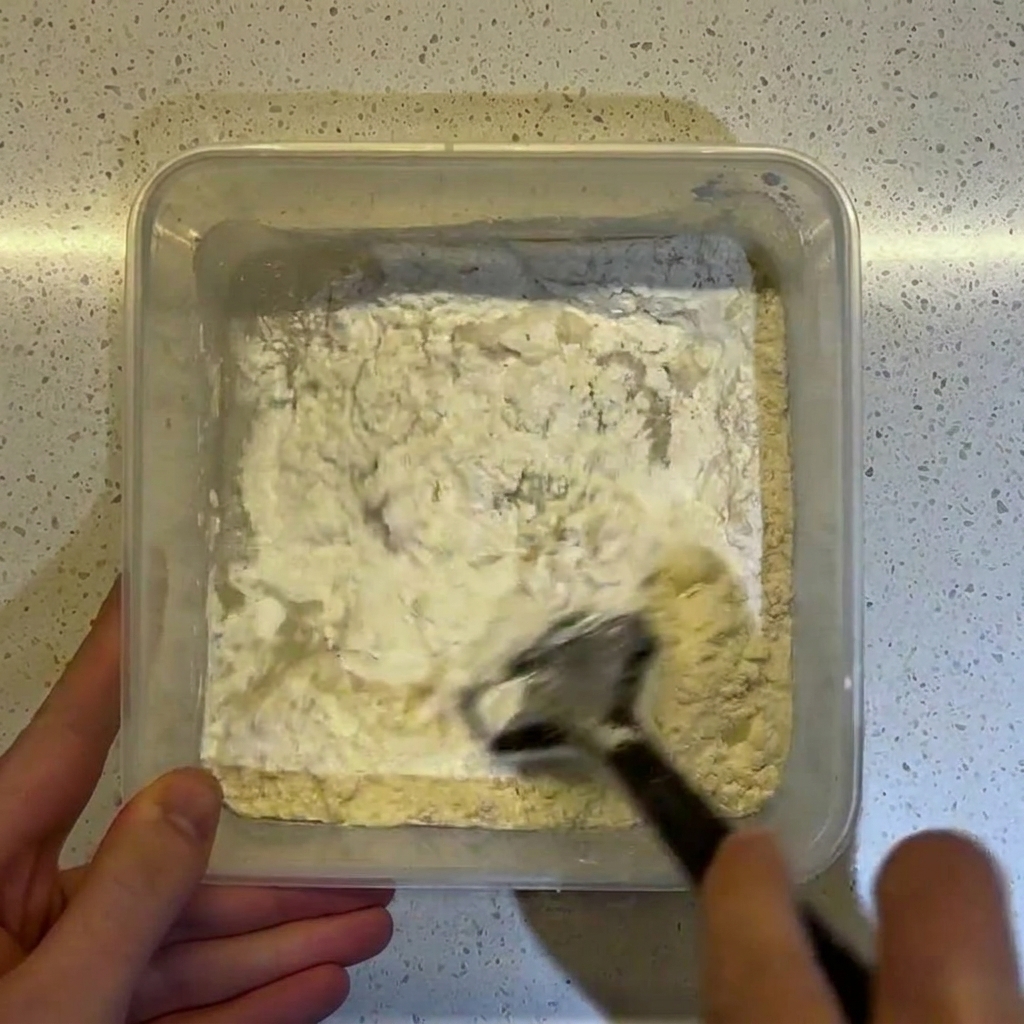 A black spatula mixing a wet, sticky dough inside a clear square container.