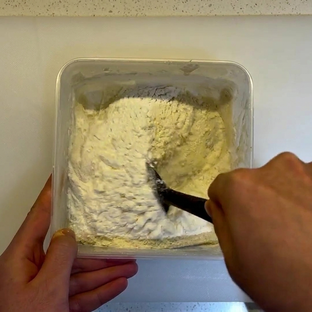 A black spatula mixing a thick dough mixture inside a square container, ensuring no dry flour remains.