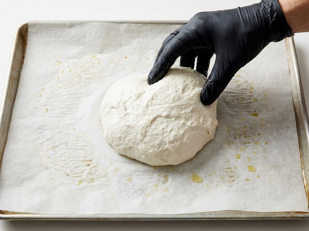 A black-gloved hand placing a smooth dough ball onto a parchment-lined baking sheet sprayed with oil.