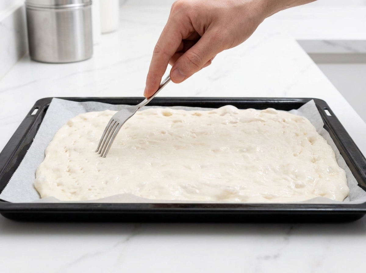 A hand using a metal fork to poke small holes into a stretched, rectangular raw pizza dough on a baking tray.
