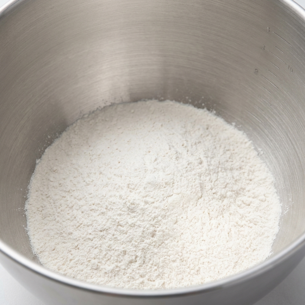 Dry ingredients and flour inside a large mixing bowl, ready to be mixed into dough.