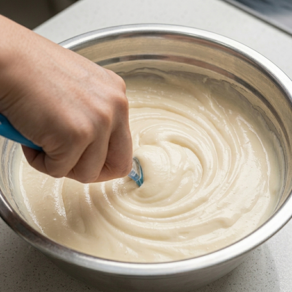 Sweetened condensed milk and mayonnaise being mixed with a blue silicone brush.