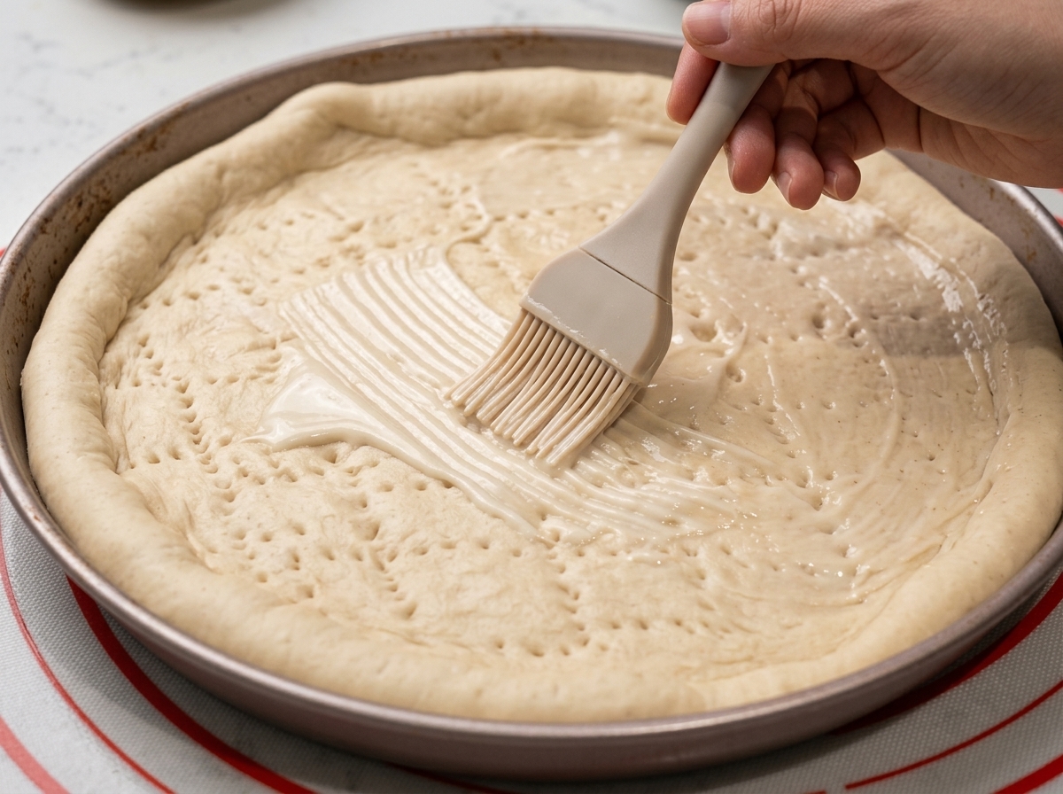 A hand using a silicone brush to spread a creamy white sauce evenly over a prepared pizza crust in a round baking pan.