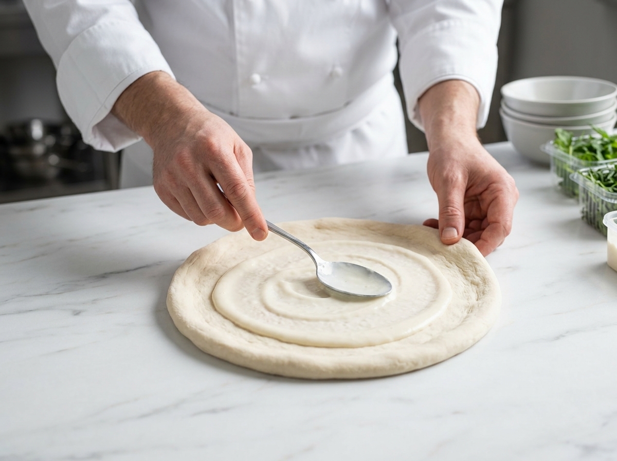 A metal spoon spreading creamy white sauce over a circular pizza dough base.