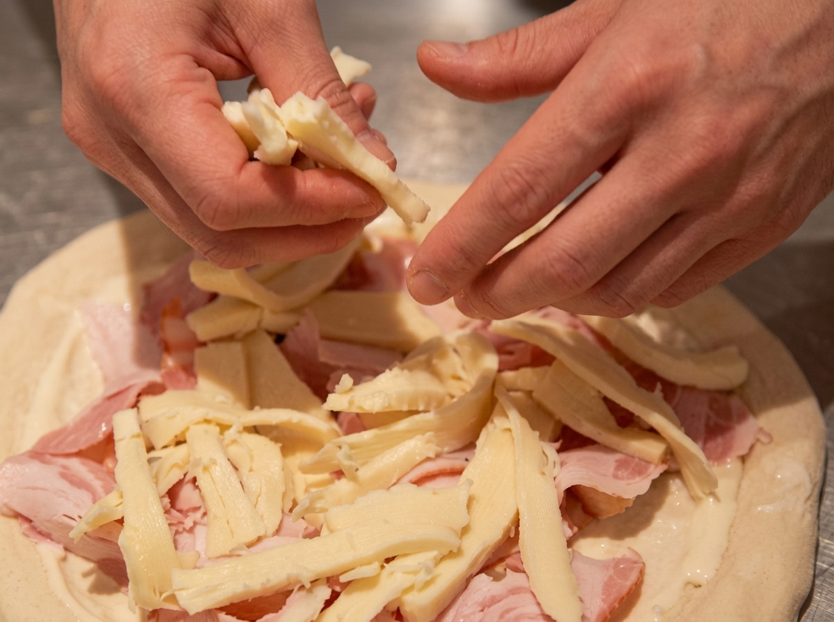 Strips of cheese being sprinkled over the pork and potato toppings on a pizza.