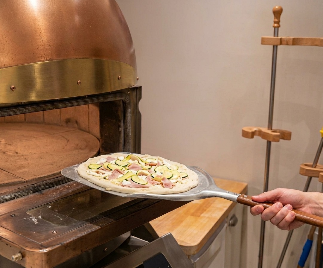 A raw pizza topped with zucchini and ham being slid into a hot stone pizza oven using a metal peel.
