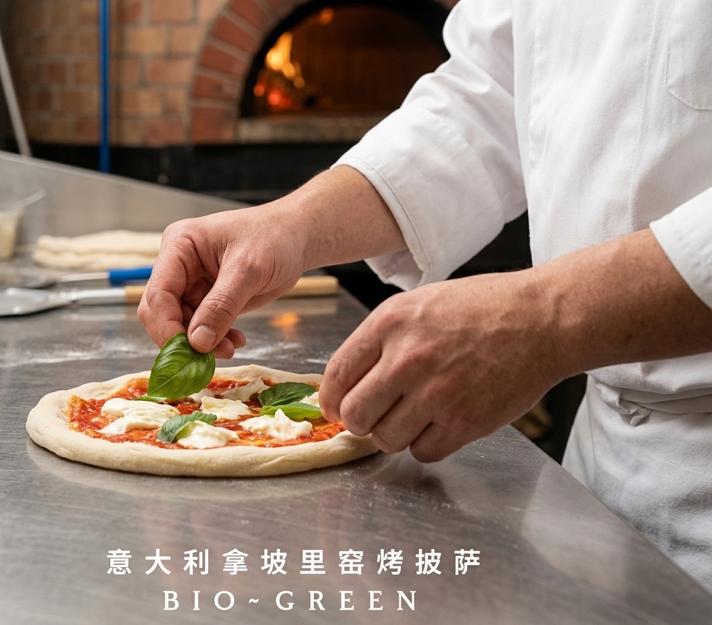 Close-up view of a chefs hands placing fresh basil leaves onto a cooked pizza.