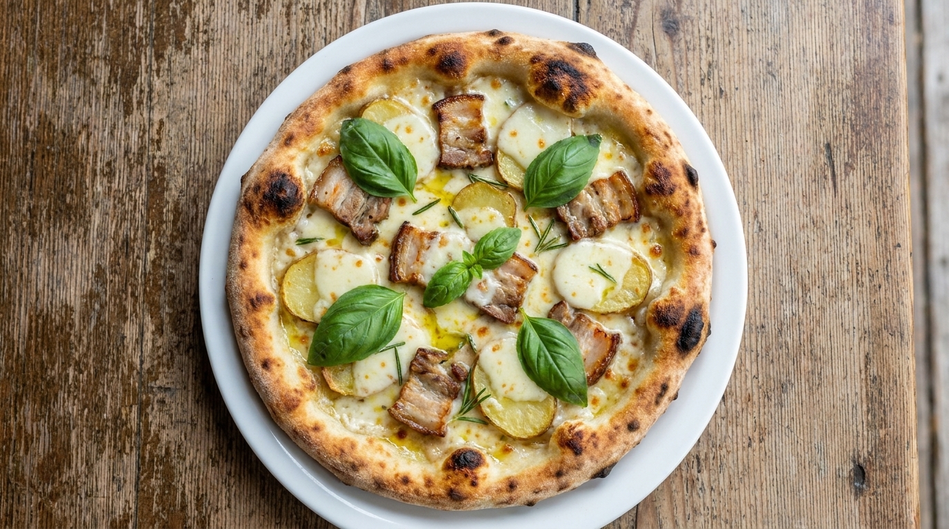 A freshly baked potato and pork pizza garnished with fresh basil leaves.