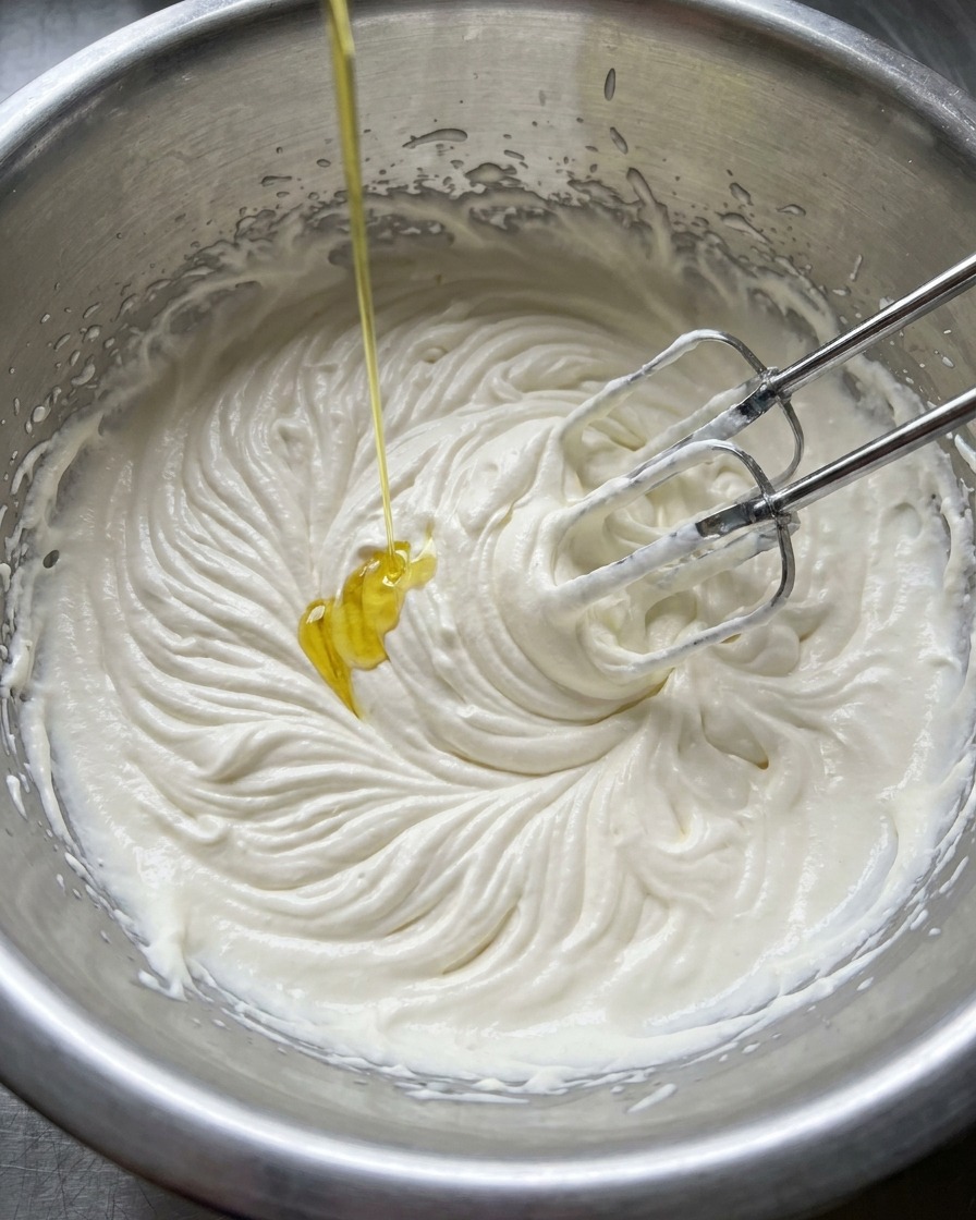 Oil being drizzled into a bowl of dough while a hand mixer is being used to knead it.