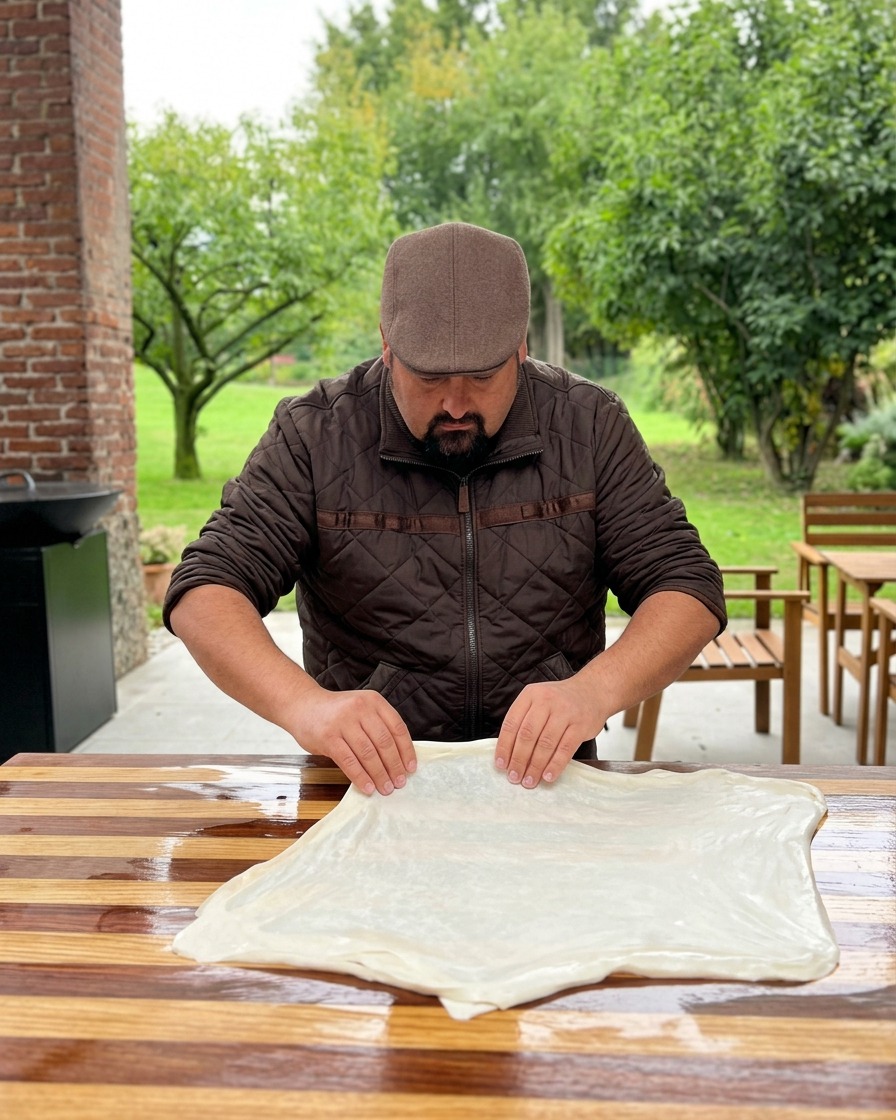 Dough being stretched flat by hand on a wooden surface.