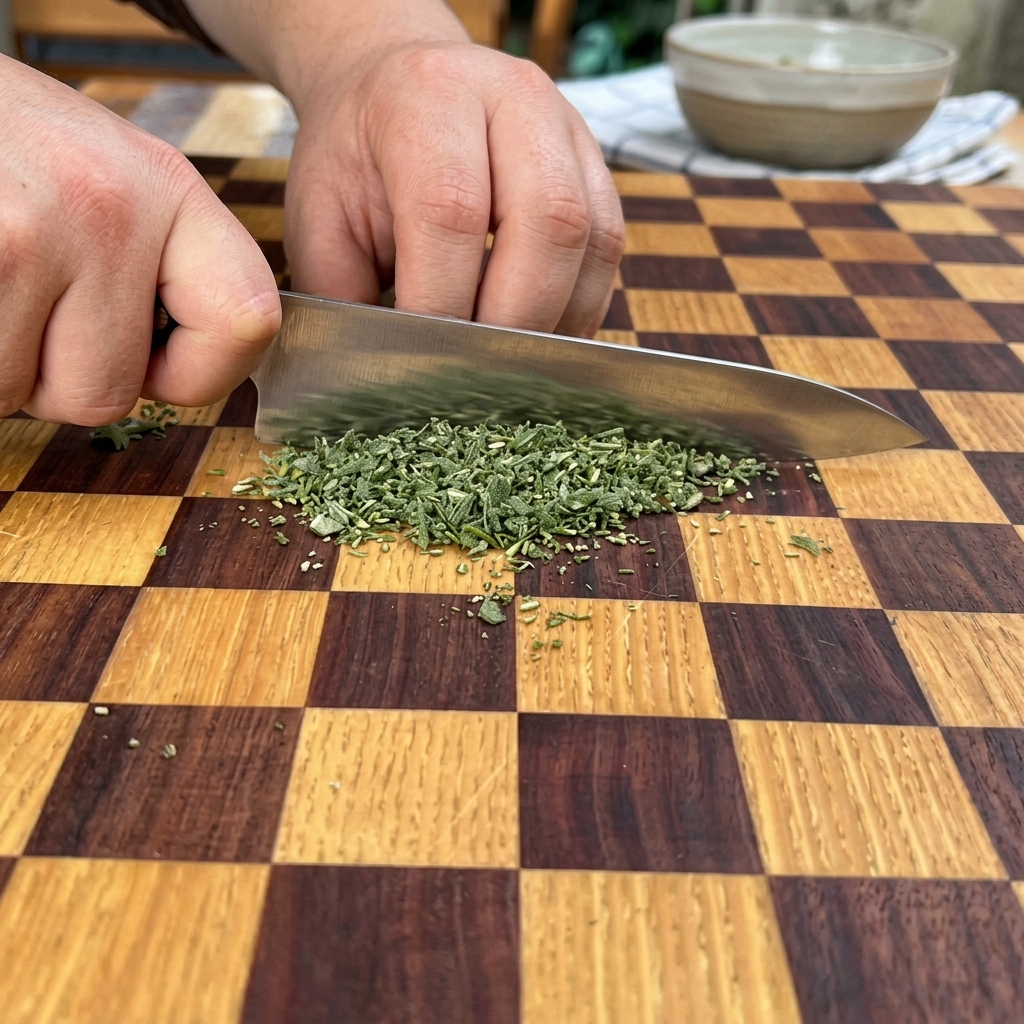 Fresh green herbs being finely chopped on a wooden cutting board with a chefs knife.