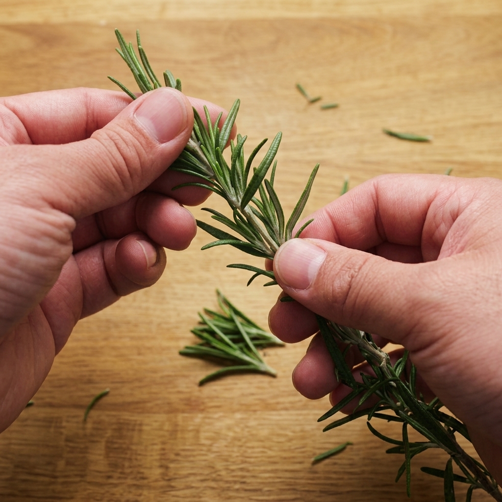 Fresh rosemary sprigs being stripped of their leaves by hand.