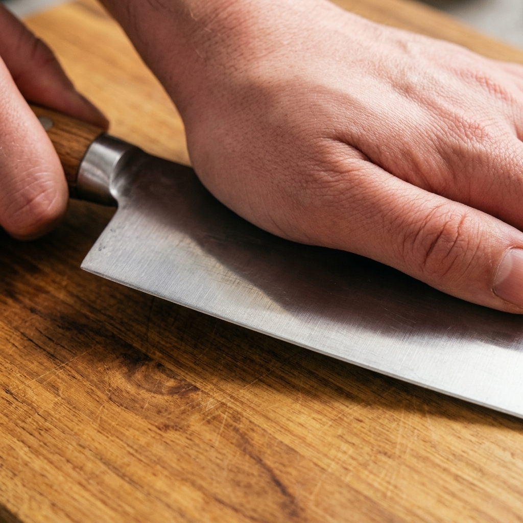 Garlic cloves being smashed with the flat side of a knife on a wooden board.