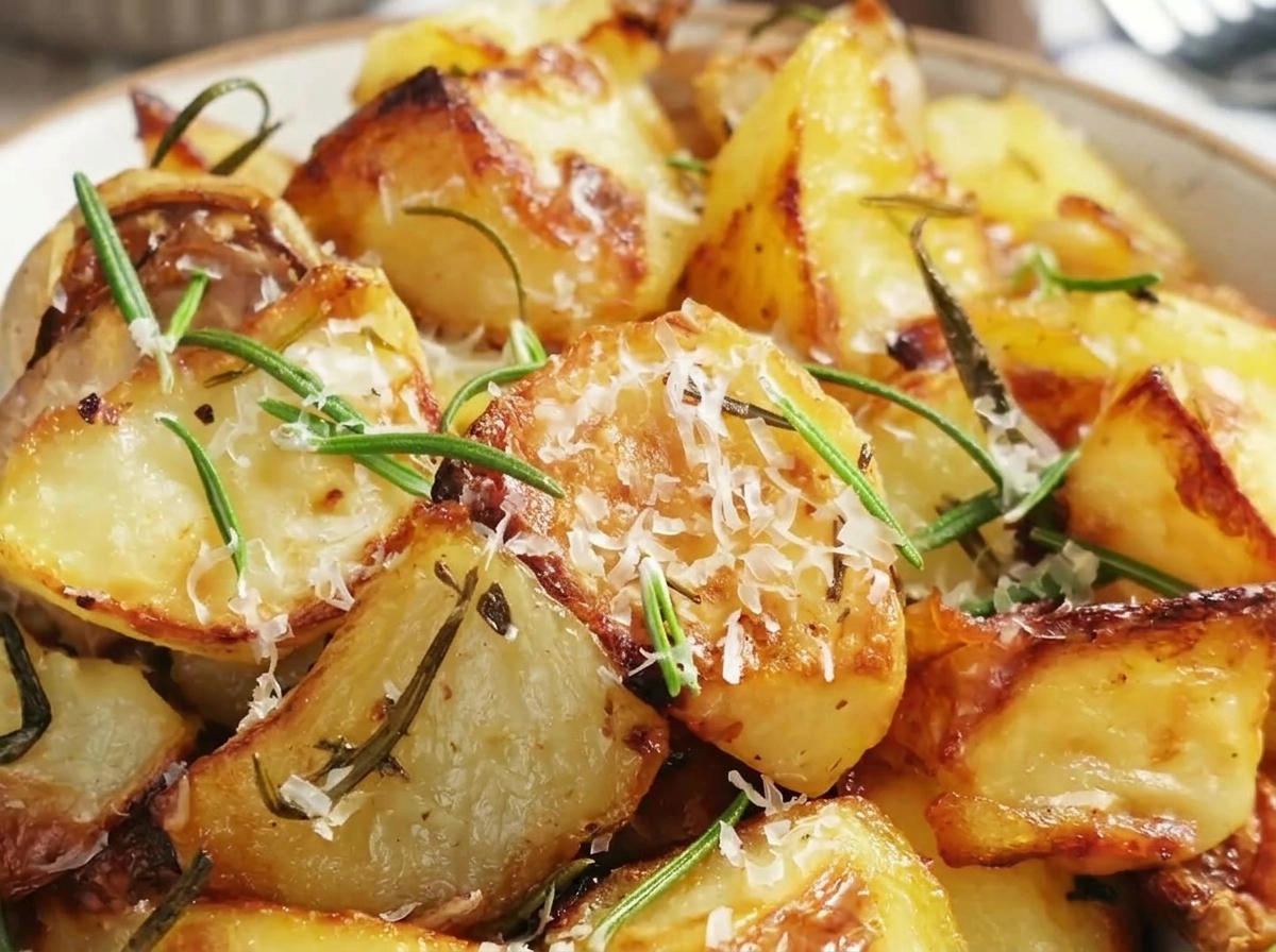Salt and black pepper being sprinkled over potato chunks in a baking tray.