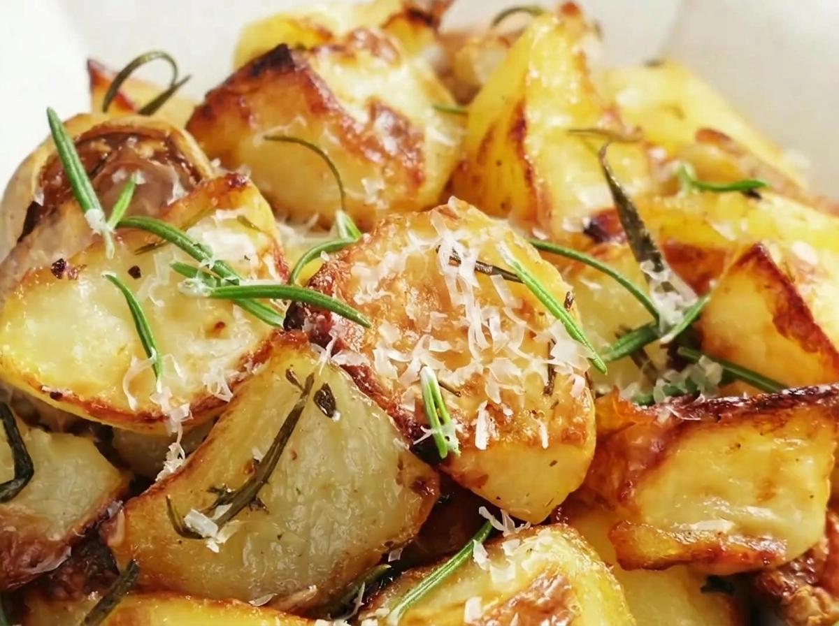 Crushed garlic cloves and fresh rosemary leaves added to the tray of potatoes.
