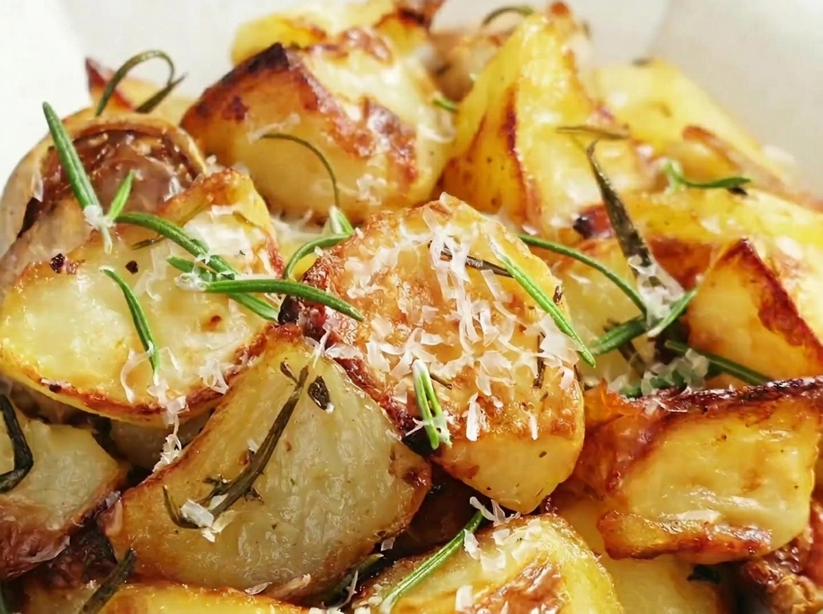 Roasted potatoes being flipped over in the baking tray with a wooden spoon.