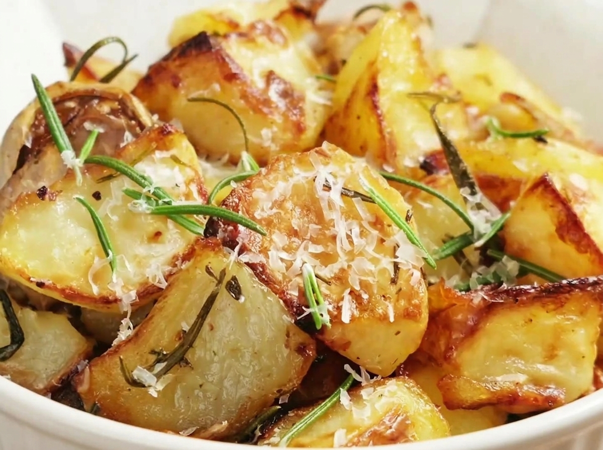Golden-brown roasted potatoes being carefully scraped from the surface of the baking tray.