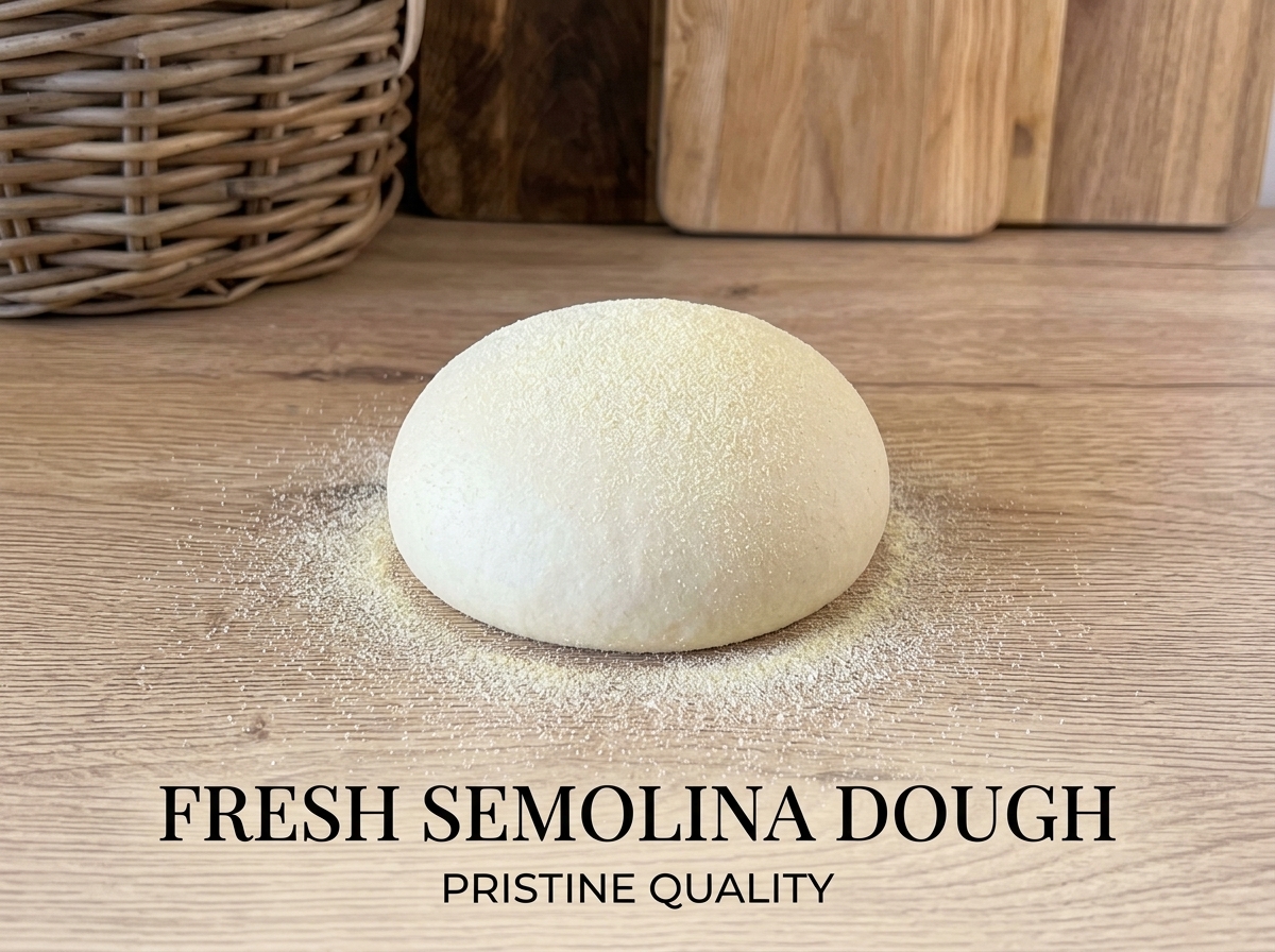 A perfectly round, smooth ball of fresh semolina dough resting on a wooden surface dusted with fine semolina flour.