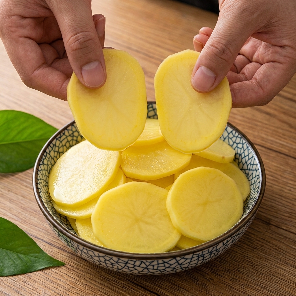 Thinly sliced raw potatoes mixed with fresh rosemary and olive oil in a ceramic bowl.