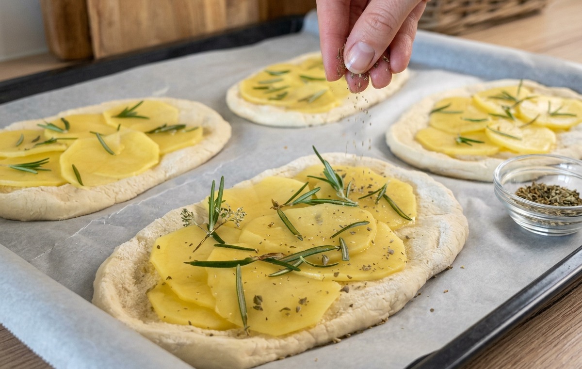 Seasoned potato slices and rosemary sprigs being arranged onto shaped dough bases on a parchment-lined baking sheet.