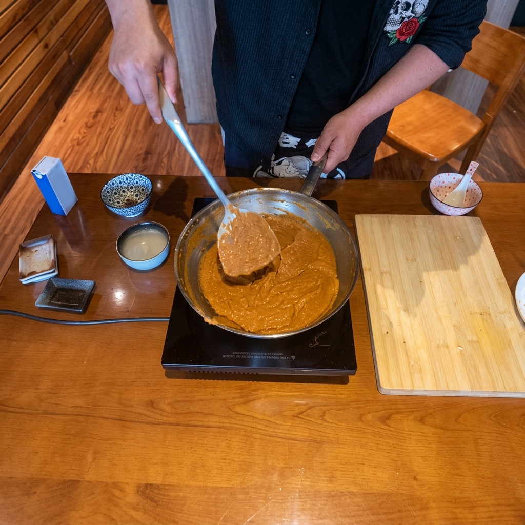 A close-up view of a thick, savory miso paste being stirred in a stainless steel pan.