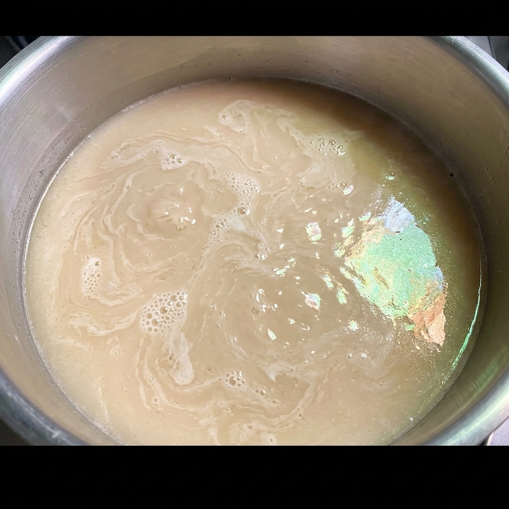 Tonkotsu broth being poured into a pan with miso paste, creating a creamy and rich mixture.