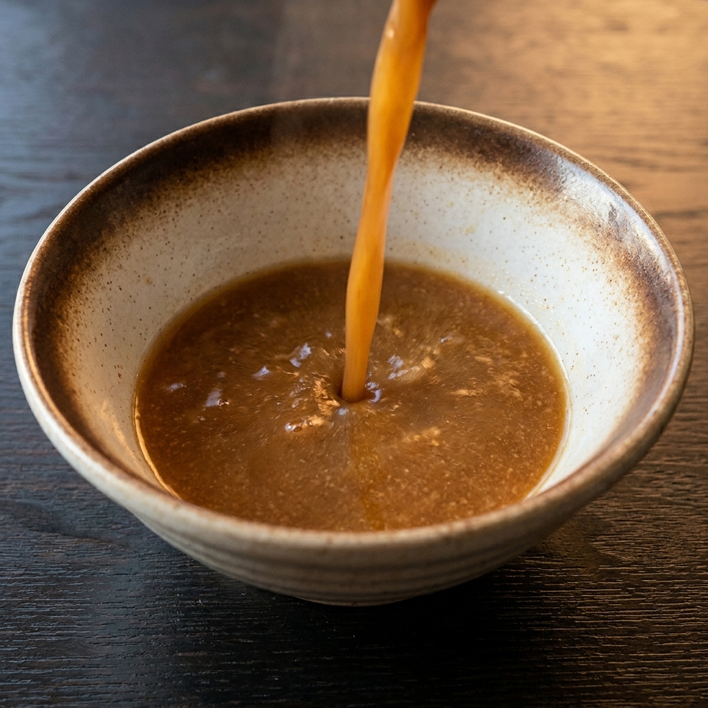 Hot, rich miso broth being poured into a bowl containing freshly prepared ramen noodles.