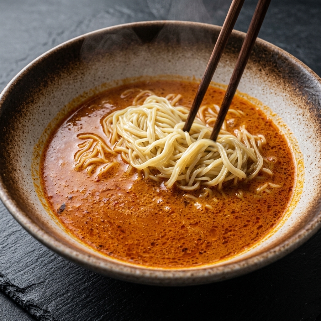 Chili oil being drizzled into a bowl of ramen, with chopsticks prepared to mix it in.