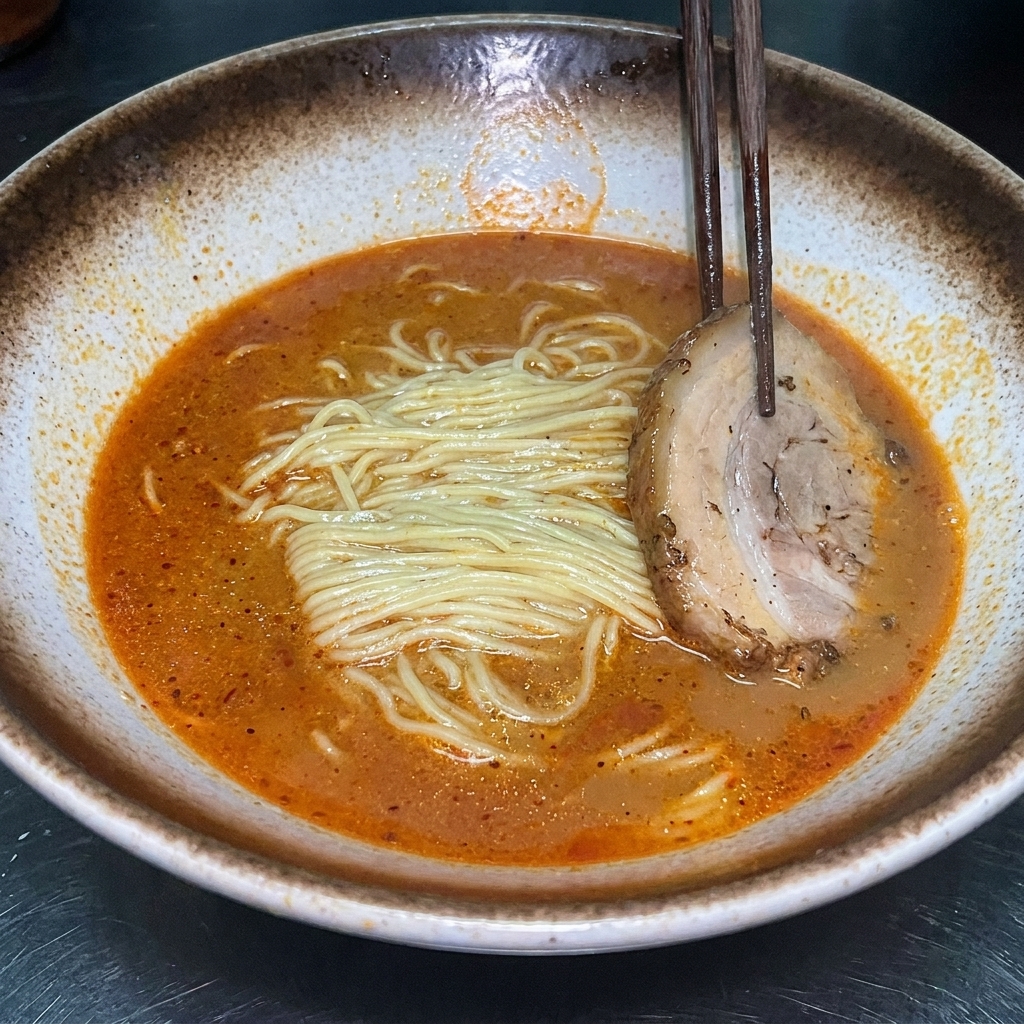 A fully assembled bowl of miso ramen topped with sliced chashu pork, soft-boiled egg halves, and sweet corn.