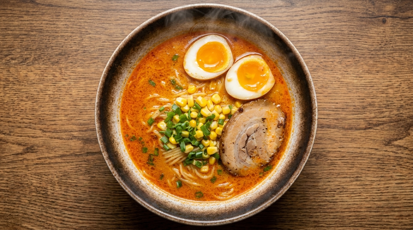 A bowl of Sapporo-style miso ramen featuring a rich, opaque miso broth topped with chashu pork, soft-boiled egg, corn, and green onions.
