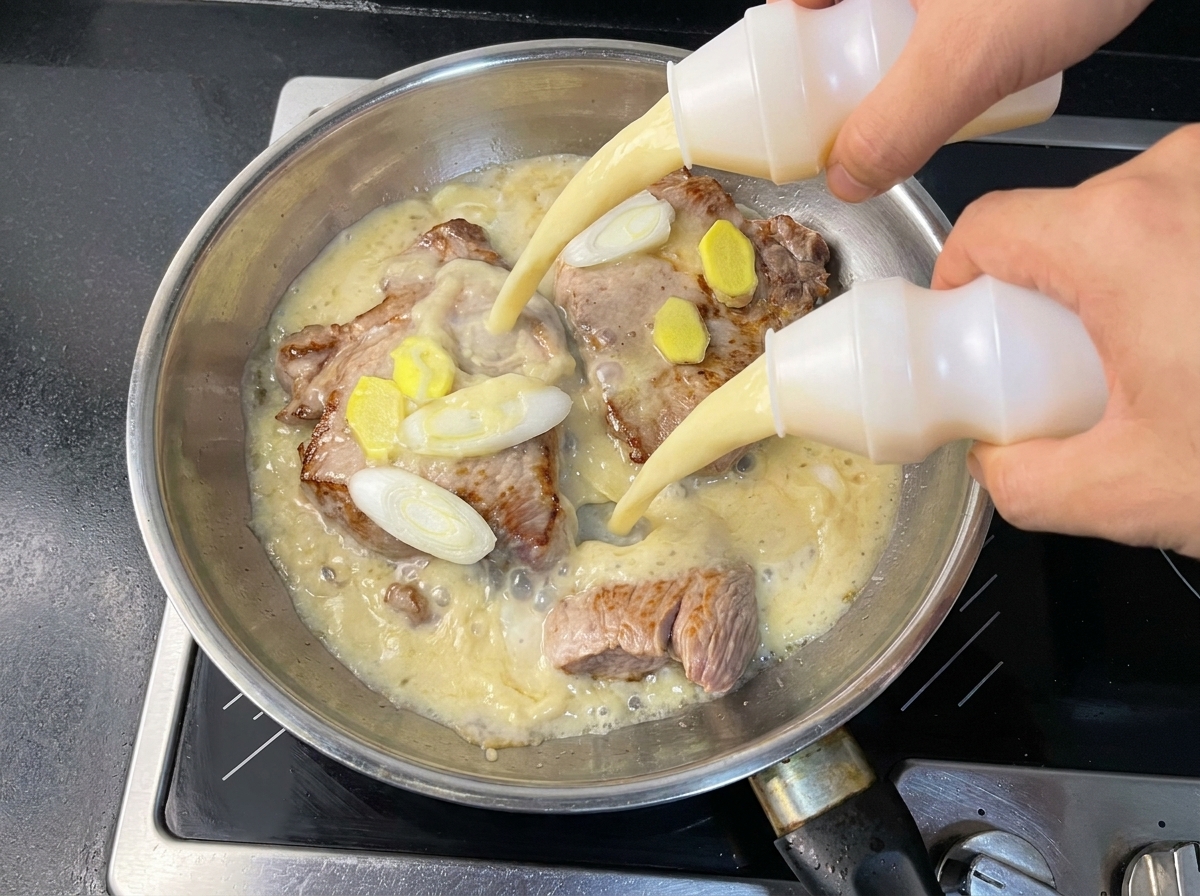Two bottles of Yakult being poured over seared pork, ginger slices, and scallions in a pan.