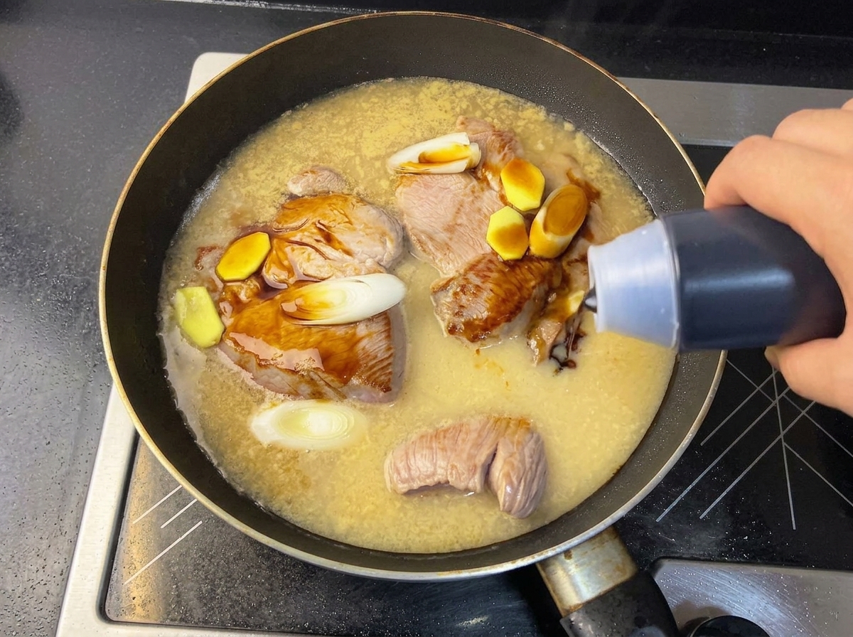 Soy sauce being poured into the pan containing seared pork, Yakult, ginger, and scallions.