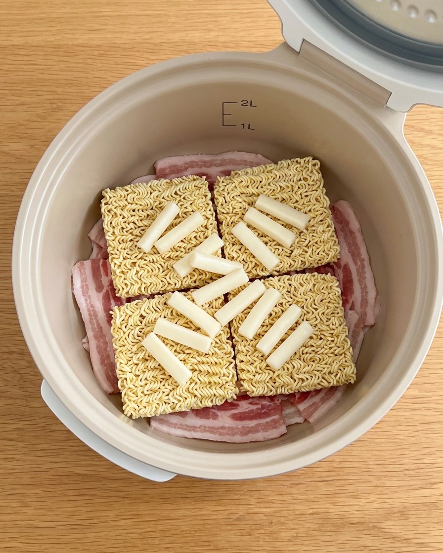 Freshly sliced onion wedges placed on top of the ramen noodles in the pot.