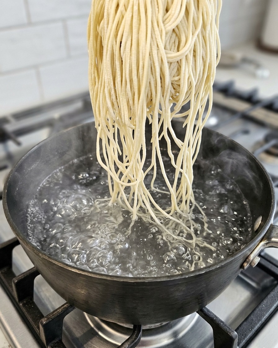 Ramen noodles boiling in a pot of water.